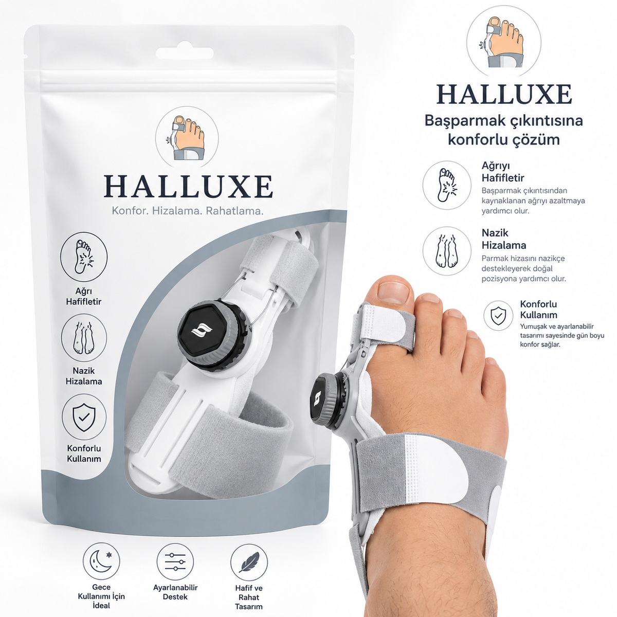 Halluxe ayarlanabilir başparmak ve bunyon desteği — ambalaj ve özellikler